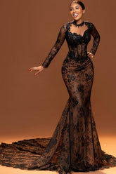 Vintage Brown Mermaid Crew Black Lace Beaded Long Sleeve Court Train Prom Evening Dresses